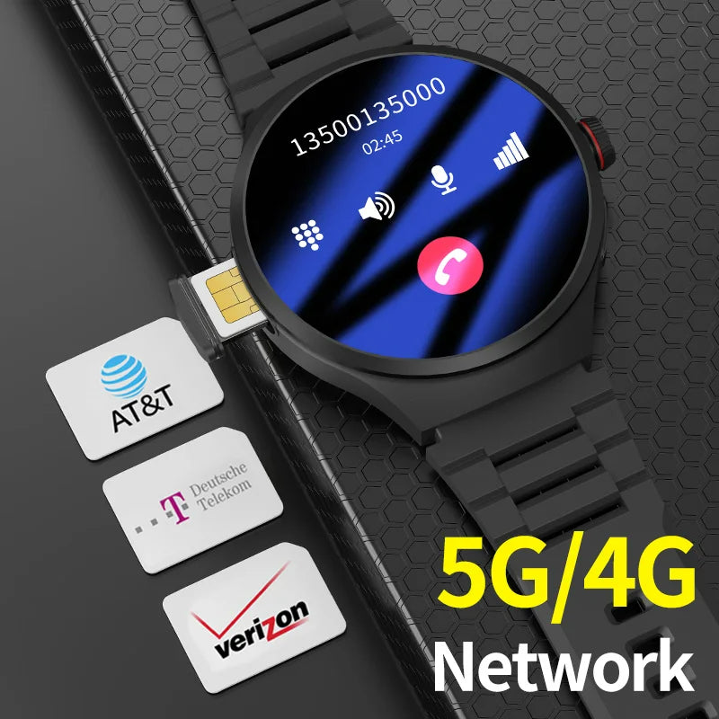 Black Raezure echelon smartwatch showcasing a call screen with a SIM card tray supporting AT&T, T-Mobile, and Verizon networks, highlighting 5G/4G compatibility.”